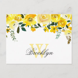 Yellow Watercolor Floral Mit Monogramm Danke Postkarte