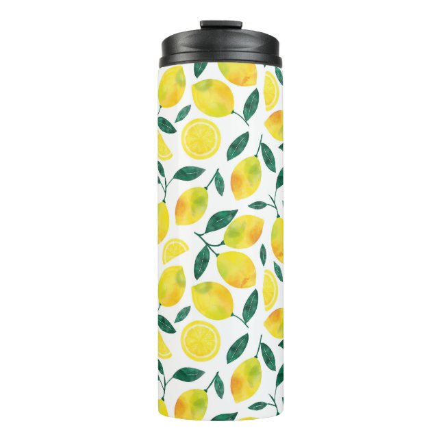 Yellow Watercolor Lemon Muster Thermosbecher (Vorderseite)