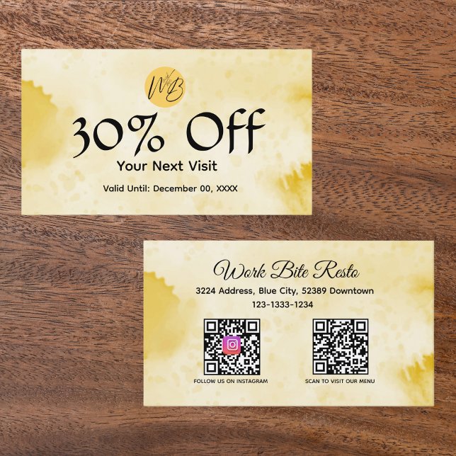 Yellow Watercolor Restaurant Qr Code Menü und Rabattkarte (Von Creator hochgeladen)