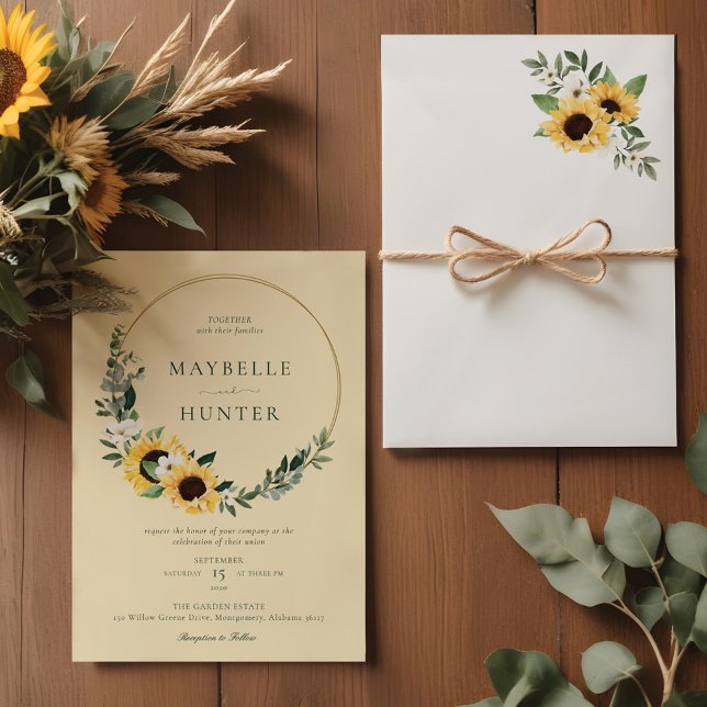 Yellow Watercolor Sonnenblume Country Wreath Weddi Einladung (Yellow Watercolor Sunflower Country Wreath Wedding Invitation)
