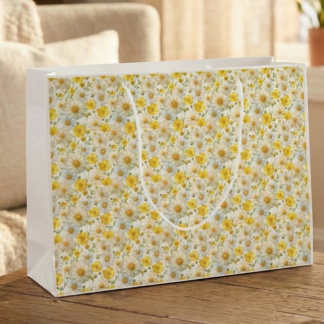 Yellow Watercolor Wildflowers Pattern  Große Geschenktüte (Von Creator hochgeladen)