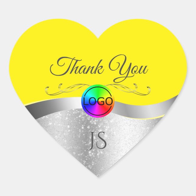 Yellow Wavy Silver mit Logo Monogram Vielen Dank Herz-Aufkleber (Vorderseite)