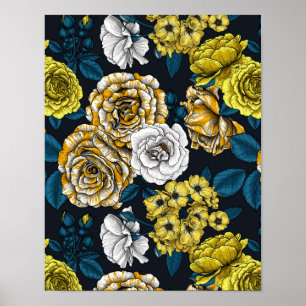 Yellow, White and Bi-Color Rosa with Blue Leaves Poster