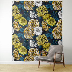 Yellow, white and bi-color roses with blue leaves wandteppich