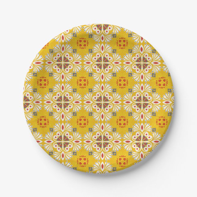 yellow, white, and orange floral and geometric pappteller (Vorderseite)
