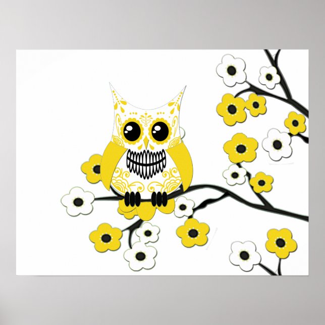 Yellow White Cherry Blossom Owl Poster (Vorne)