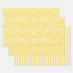 Yellow White Christmas Trees Polka Dots Strip Geschenkpapier Set