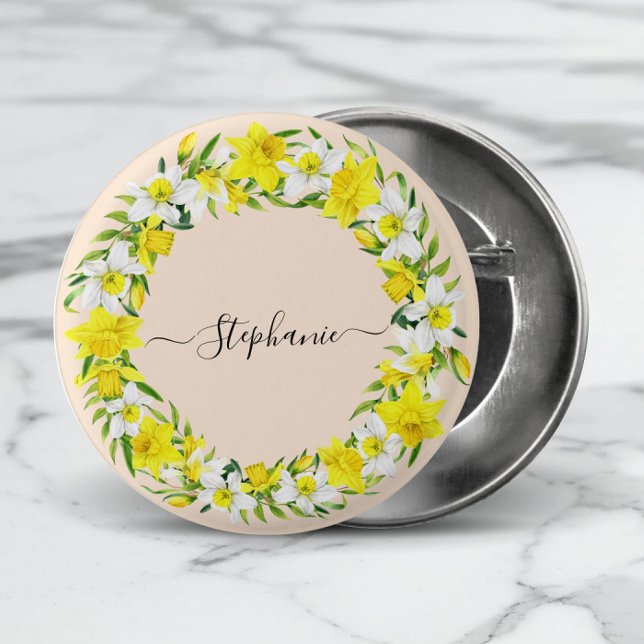 Yellow White Daffodien Garland Monogram Name Button (Add name, or other short text to personalize.)