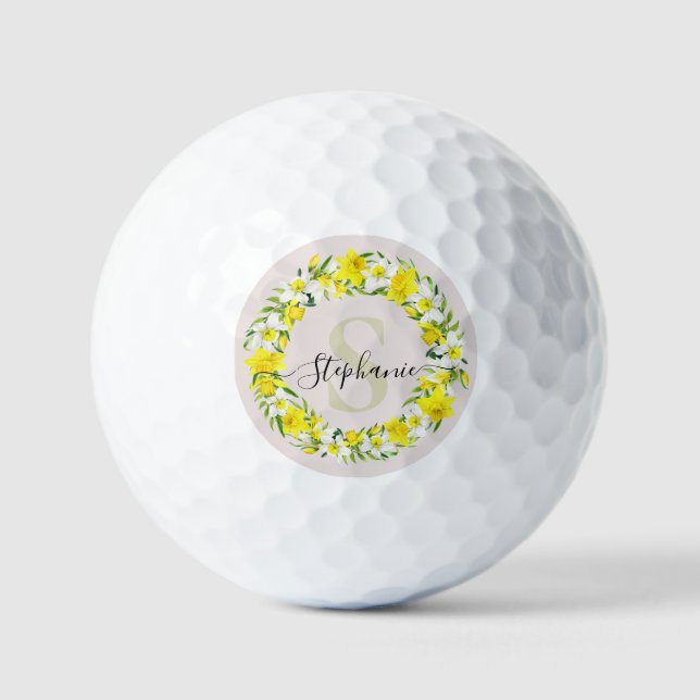 Yellow White Daffodien Garland Monogram Name Golfball (Vorderseite)
