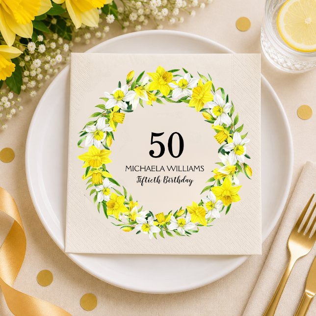 Yellow White Daffodil Wreath 50. Geburtstag Napkin Serviette (Add Name / edit text to personalize, see collection for matching items)