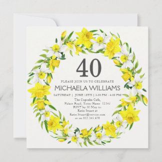 Yellow White Daffodils Wreath 40. Geburtstag Einladung