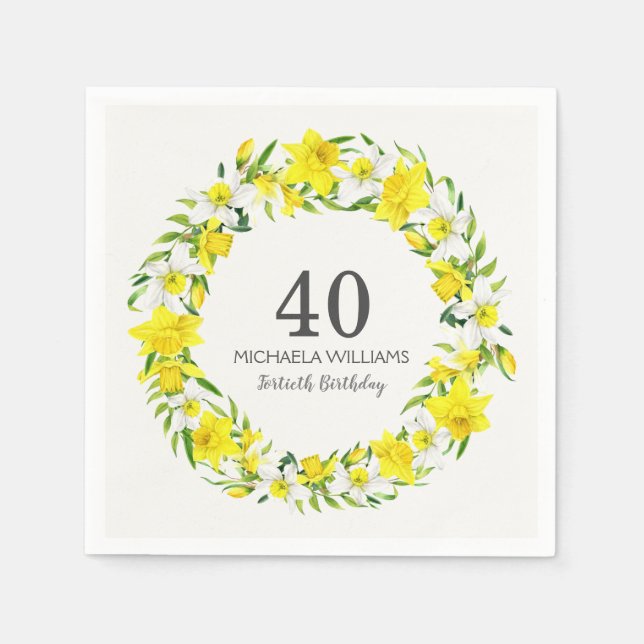 Yellow White Daffodils Wreath 40. Geburtstag Party Serviette (Vorderseite)