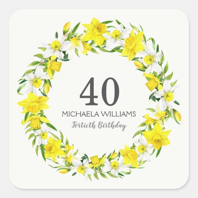 Yellow White Daffodils Wreath 40. Geburtstag Quadratischer Aufkleber (Vorderseite)