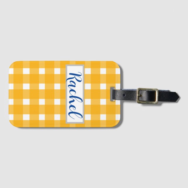 Yellow White Gingham Personalisiert Gepäckanhänger (Vorderseite (Horizontal))