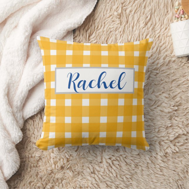 Yellow White Gingham Personalisiert Kissen (Decke)