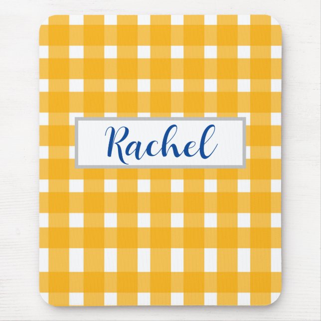 Yellow White Gingham Personalisiert Mousepad (Vorne)