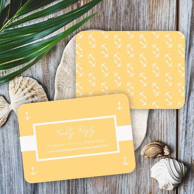Yellow White Nautical Pattern Website Hochzeit RSV Begleitkarte (Von Creator hochgeladen)