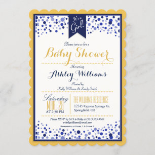 Yellow, White & Navy Blue Baby Dusche Einladung