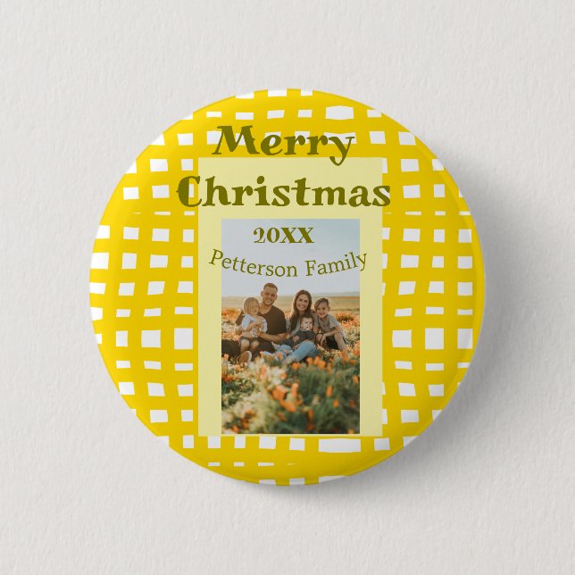 Yellow white plaid retro Christmas holiday family  Button (Vorderseite)