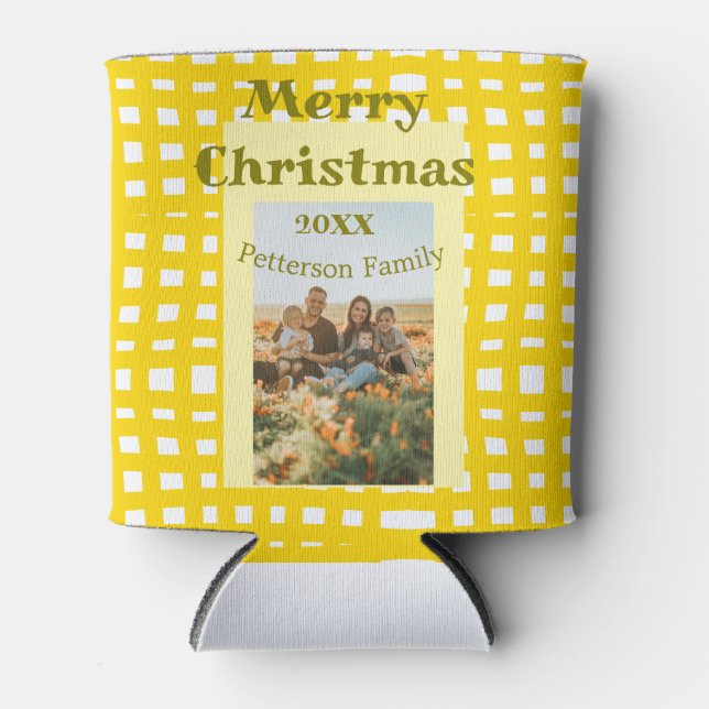 Yellow white plaid retro Christmas holiday family  Dosenkühler (Vorderseite)