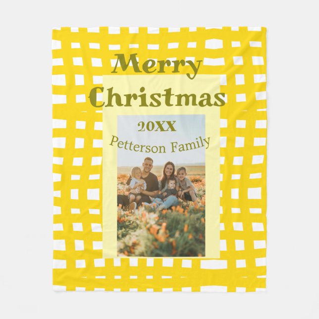 Yellow white plaid retro Christmas holiday family  Fleecedecke (Vorderseite)