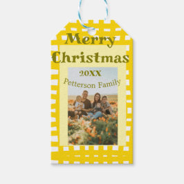 Yellow white plaid retro Christmas holiday family  Geschenkanhänger