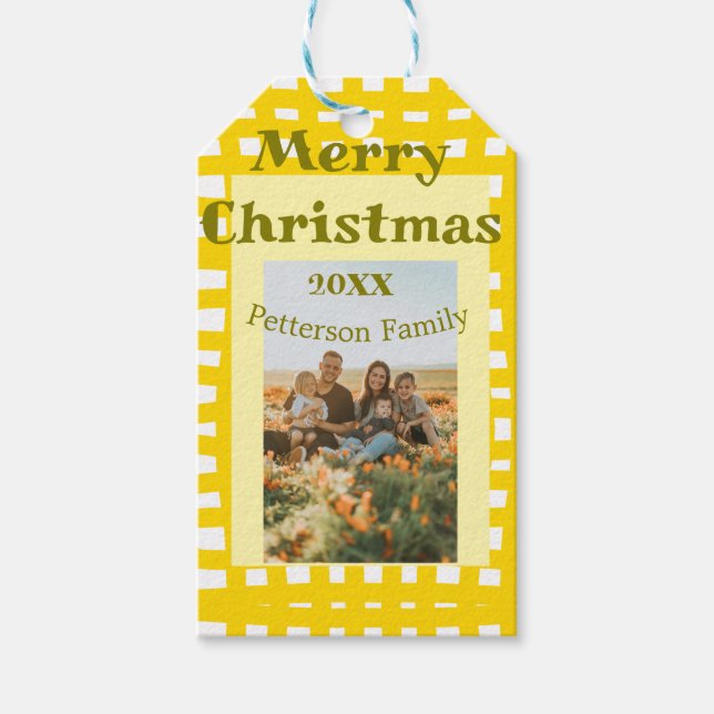 Yellow white plaid retro Christmas holiday family  Geschenkanhänger (Vorderseite)