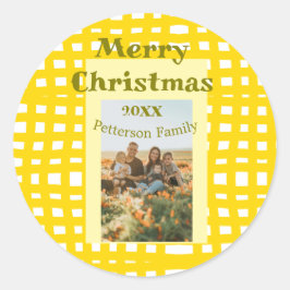 Yellow white plaid retro Christmas holiday family  Runder Aufkleber