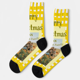 Yellow white plaid retro Christmas holiday family  Socken