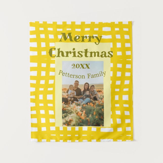 Yellow white plaid retro Christmas holiday family  Wandteppich (Vorderseite)