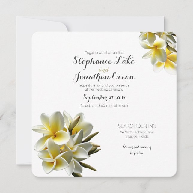 Yellow White Plumeria Hawaiian Wedding Einladung (Vorderseite)