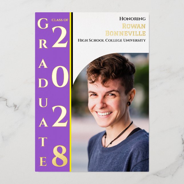 Yellow White Purple Black Graduation Photo Gold Folieneinladung (Vorderseite)