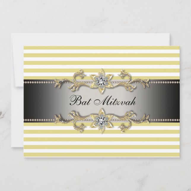 Yellow White Stripe Bat Mitzvah Einladung (Vorderseite)