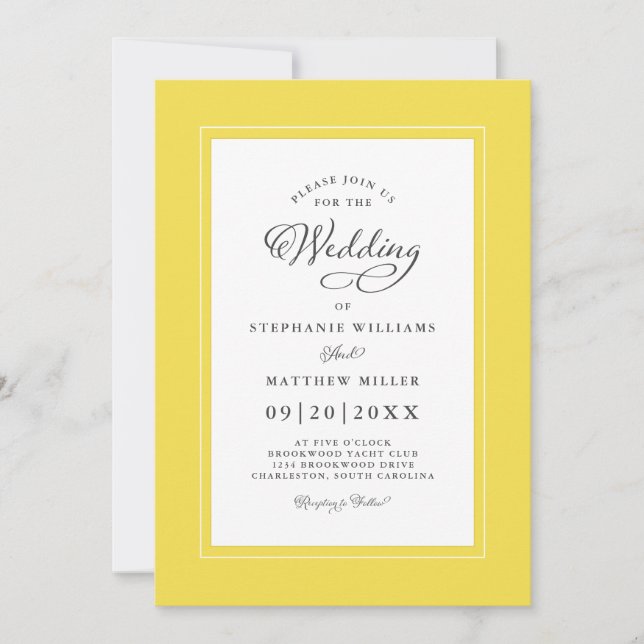 Yellow White Wedding Eleganter Calligrafy Frame Einladung (Vorderseite)