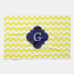 Yellow WhZickzack Navy Blue Quatrefoil Monogramm Geschirrtuch