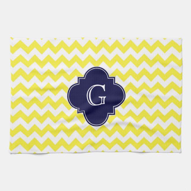 Yellow WhZickzack Navy Blue Quatrefoil Monogramm Geschirrtuch (Horizontal)