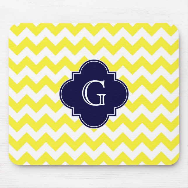 Yellow WhZickzack Navy Blue Quatrefoil Monogramm Mousepad (Vorne)