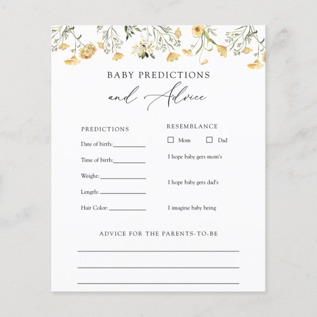 Yellow Wildblume Baby Advice and Predictions Card Flyer (Vorne)