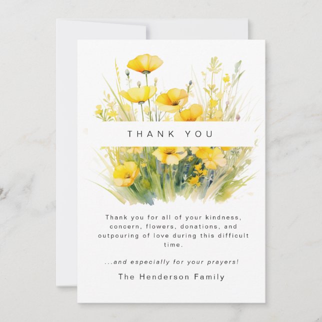 Yellow Wildblumen Bereavement Beerdigung Danke (Vorderseite)