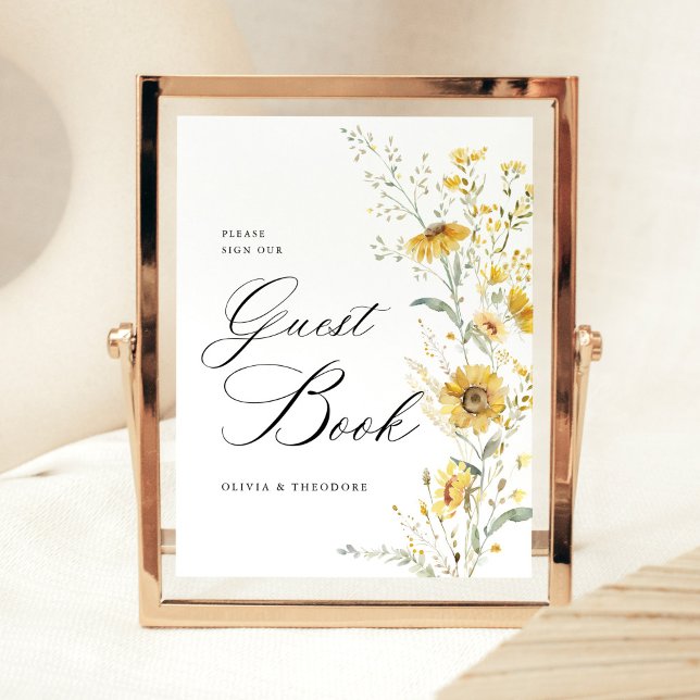Yellow Wildflower Sunflower Guest Book Wedding Sockelschild (Yellow wildflower sunflower wedding guest book sign yellow floral wedding signage elegant table sign)
