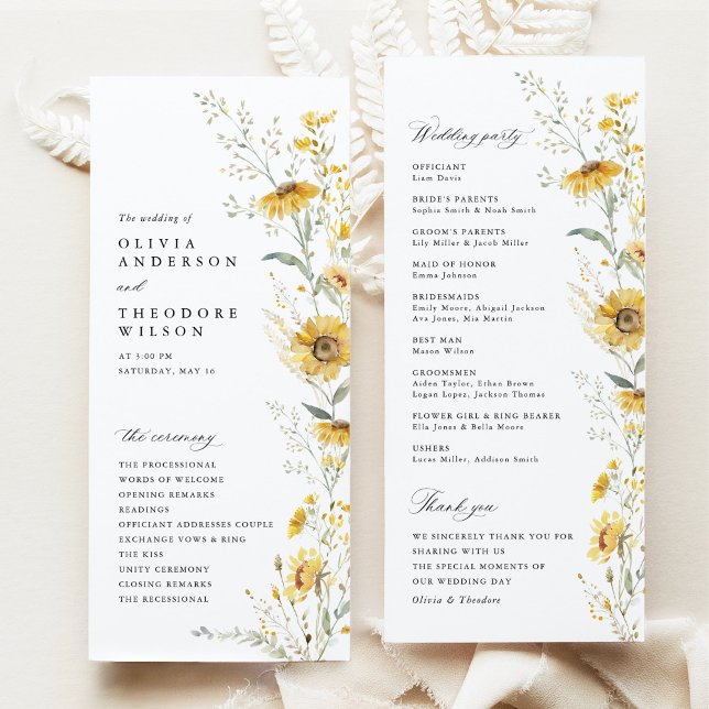 Yellow Wildflower Sunflower Wedding Ceremony Programm (yellow wildflower sunflower wedding program floral ceremony program garden wedding stationery)