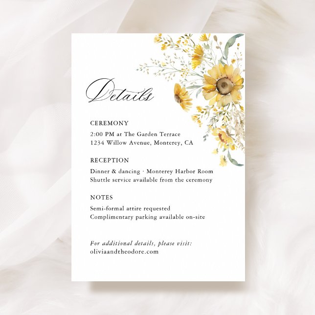 Yellow Wildflower Sunflower Wedding Details, Info Begleitkarte (Yellow sunflower wildflower wedding information details card, watercolor floral wedding stationery)