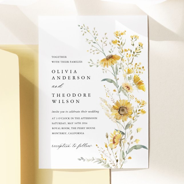 Yellow Wildflower Sunflower Wedding Einladung (Yellow sunflower wildflower wedding invitation watercolor floral garden elegant wedding stationery)