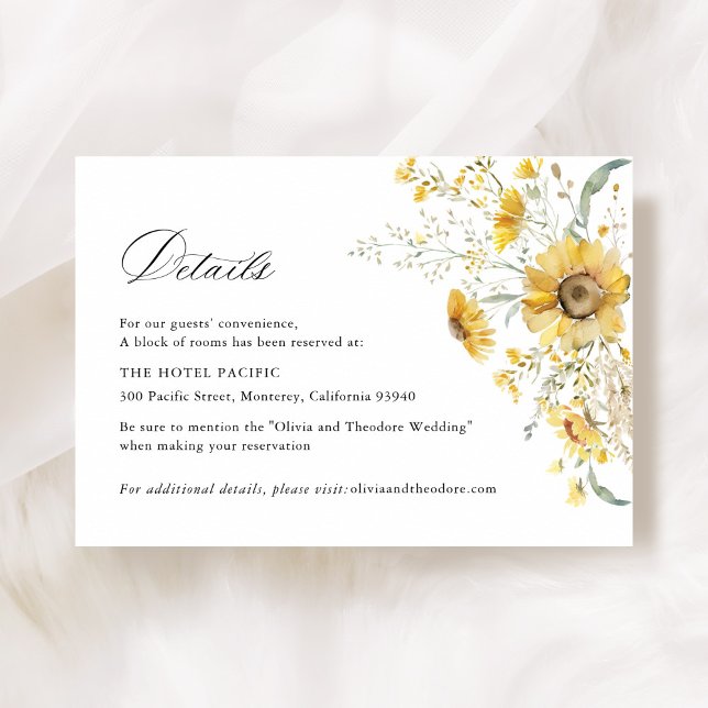 Yellow Wildflower Sunflower Wedding Hotel Details Begleitkarte (Yellow sunflower wildflower wedding hotel accommodation details card, floral wedding stationery)