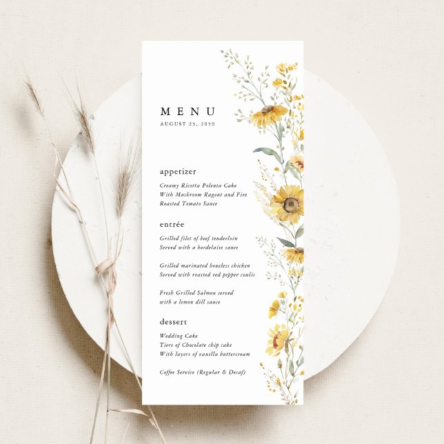 Yellow Wildflower Sunflower Wedding Reception Menükarte (yellow wildflower sunflower wedding menu card watercolor floral menu elegant wedding menu)