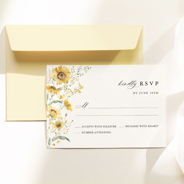 Yellow Wildflower Sunflower Wedding RSVP Karte (Yellow sunflower wildflower wedding RSVP card, watercolor elegant floral garden wedding stationery)