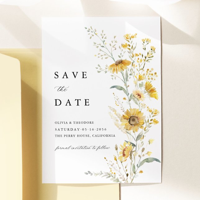 Yellow Wildflower Sunflower Wedding Save The Date (Yellow sunflower wildflower save the date card watercolor floral elegant garden wedding stationery)