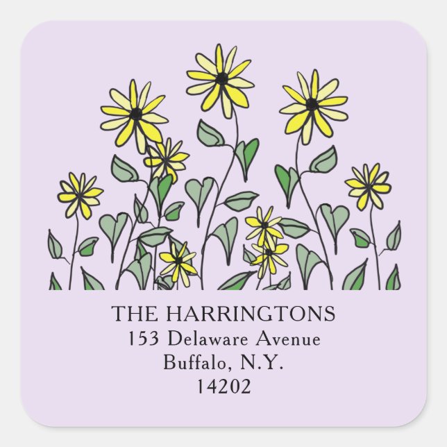Yellow Wildflowers Lavender Floral Address Label Quadratischer Aufkleber (Vorderseite)