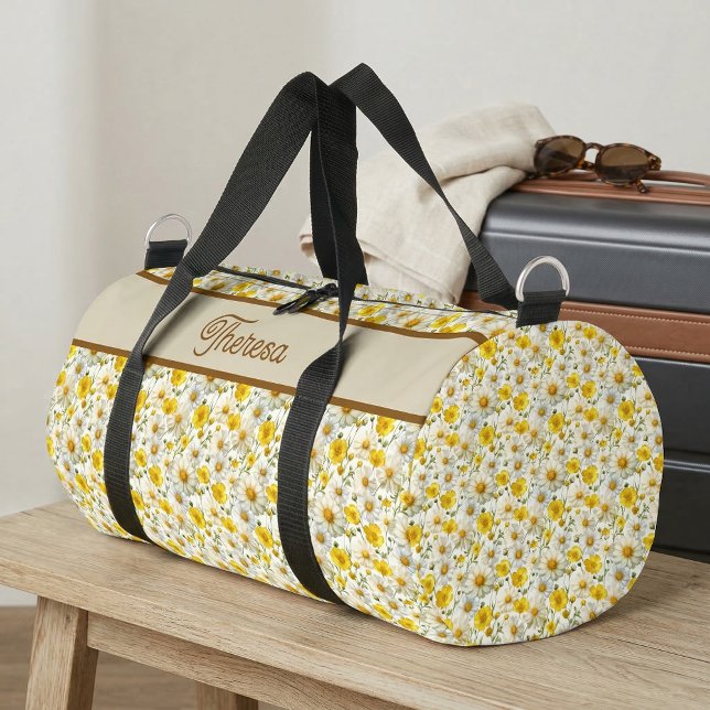 Yellow Wildflowers Pattern Monogram Name Duffle Bag (Von Creator hochgeladen)