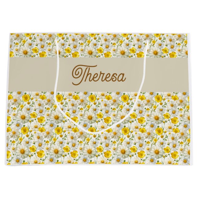 Yellow Wildflowers Pattern Monogram Name Große Geschenktüte (Vorderseite)